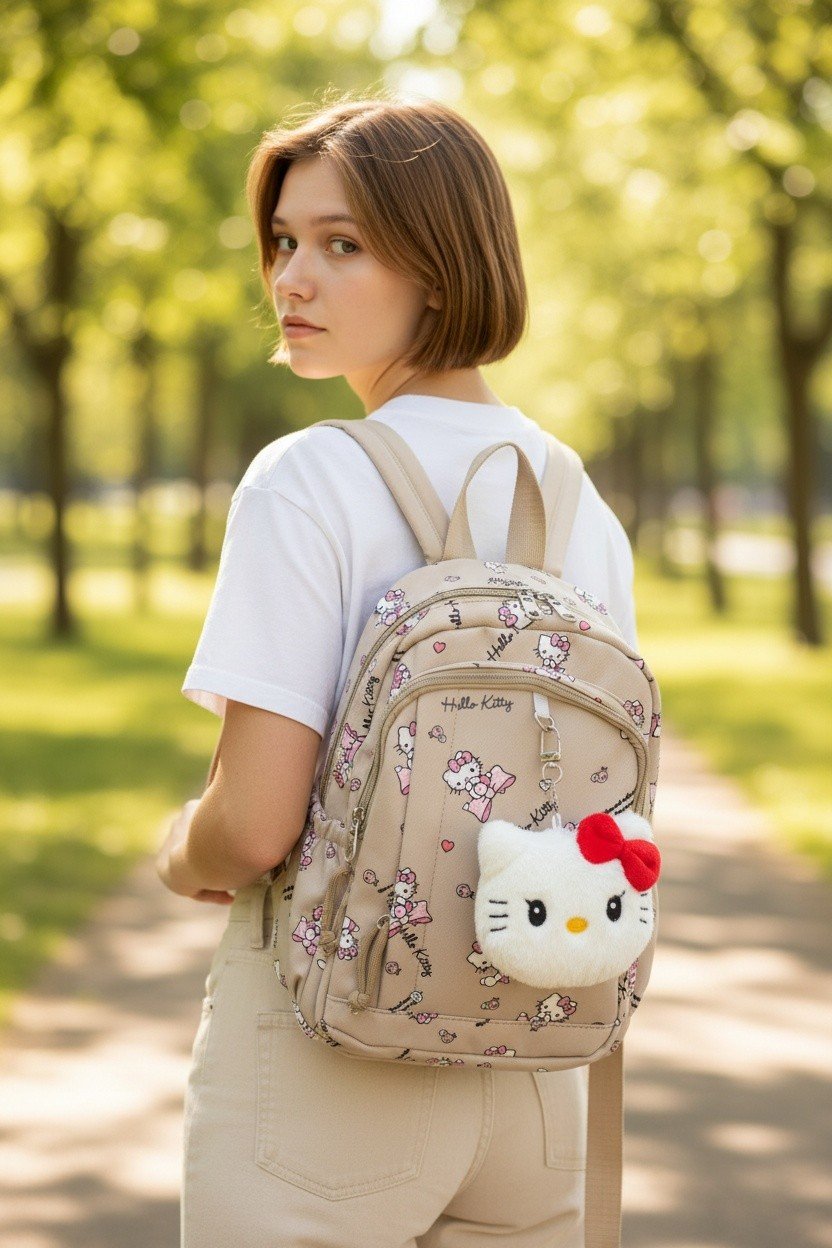 Sac à dos beige à motif chat